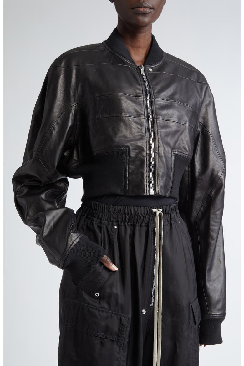 Girdered Leather Crop Bomber Jacket, Alternate, color, BLACK