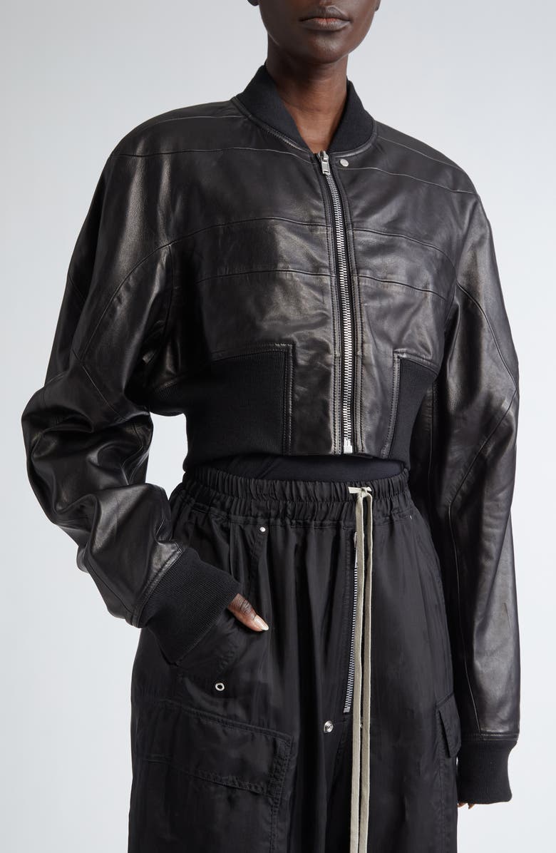 Rick Owens Girdered Leather Crop Bomber Jacket, Alternate, color,