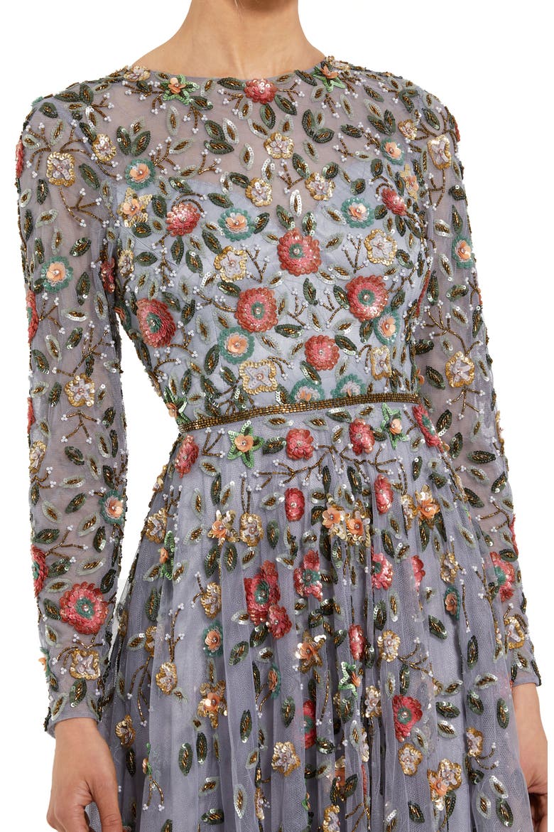 Women's Embellished High Neck Long Sleeve A Line Gown, Alternate, color, Grey Multi