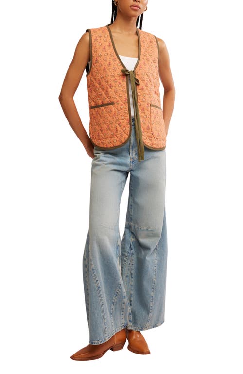Free People Claudine Quilted Floral Vest In Orange And Olive In Candied Melon Combo