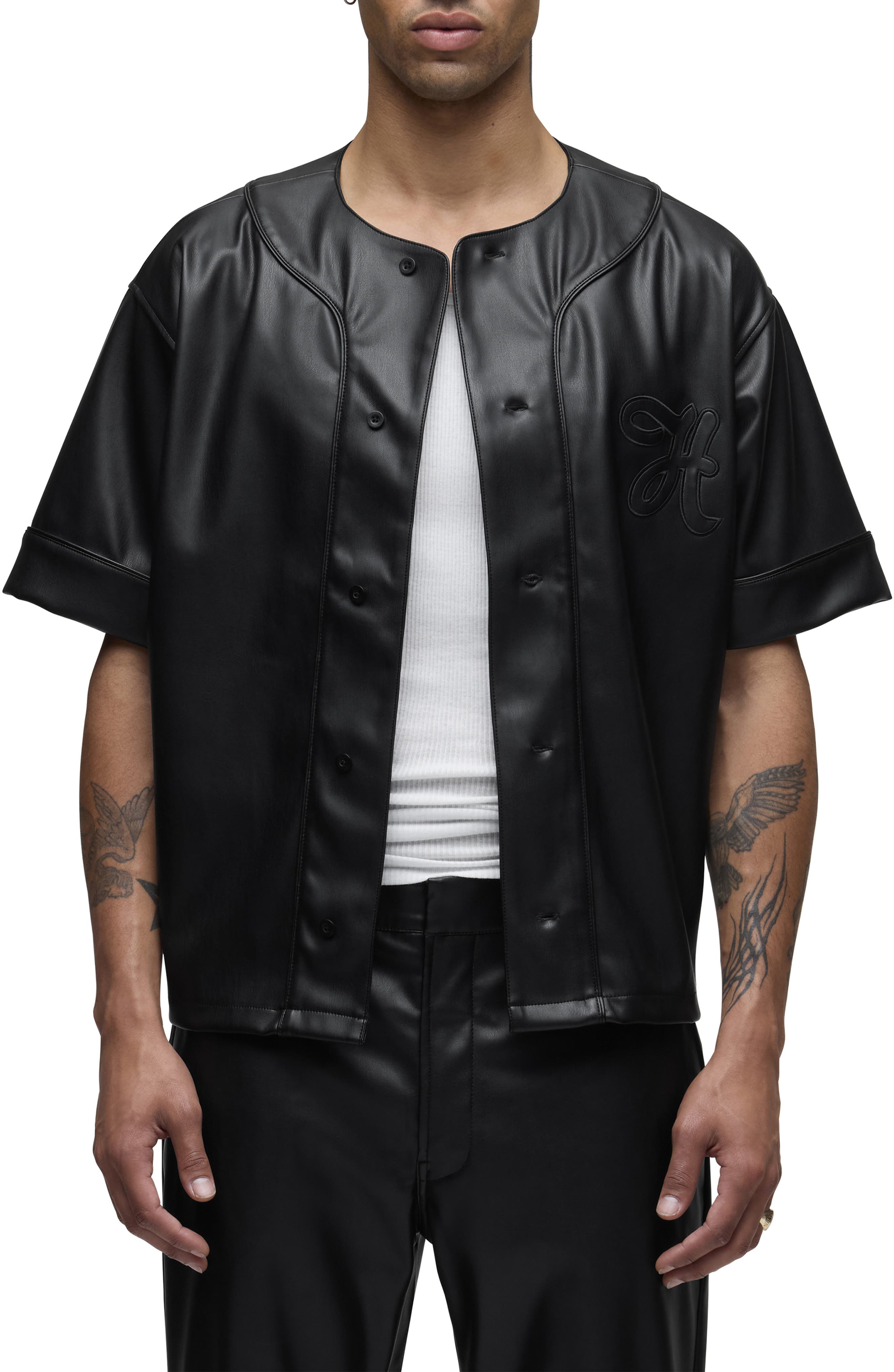 Hudson Jeans Faux Leather Baseball Jersey In Black