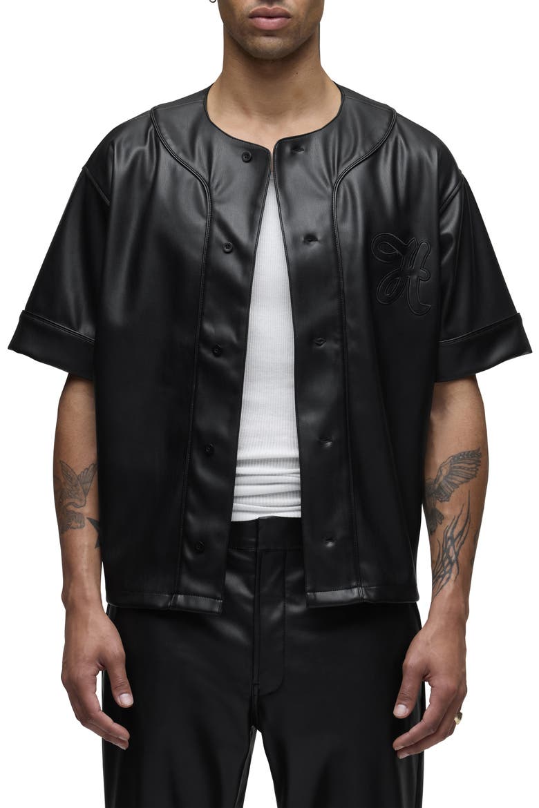 Faux Leather Baseball Jersey, Main, color, BLACK