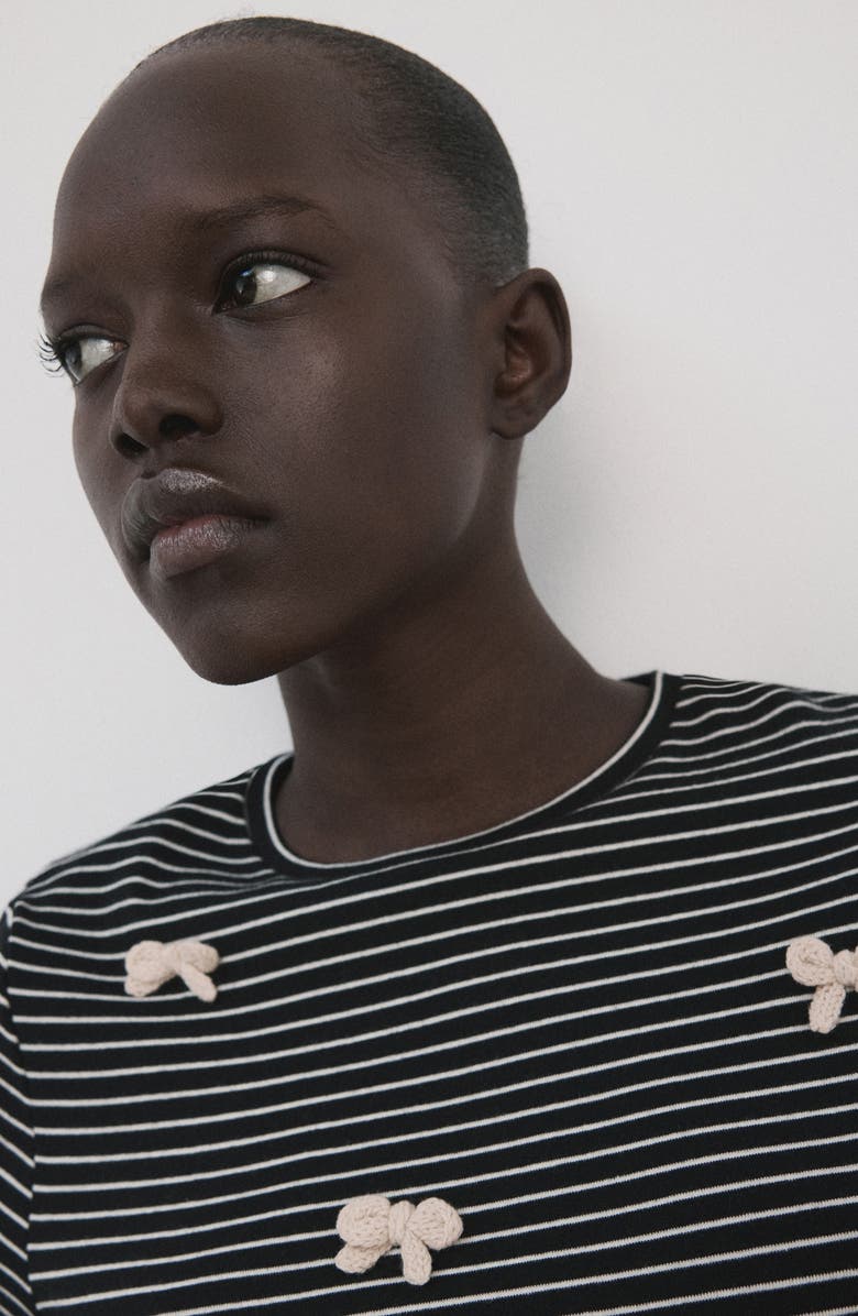 MANGO Stripe Bow Embellished T-Shirt, Alternate, color, Navy