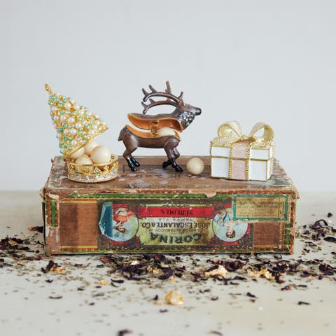 Enameled Caribou Trinket Box with Jewel Accents, Zinc Alloy