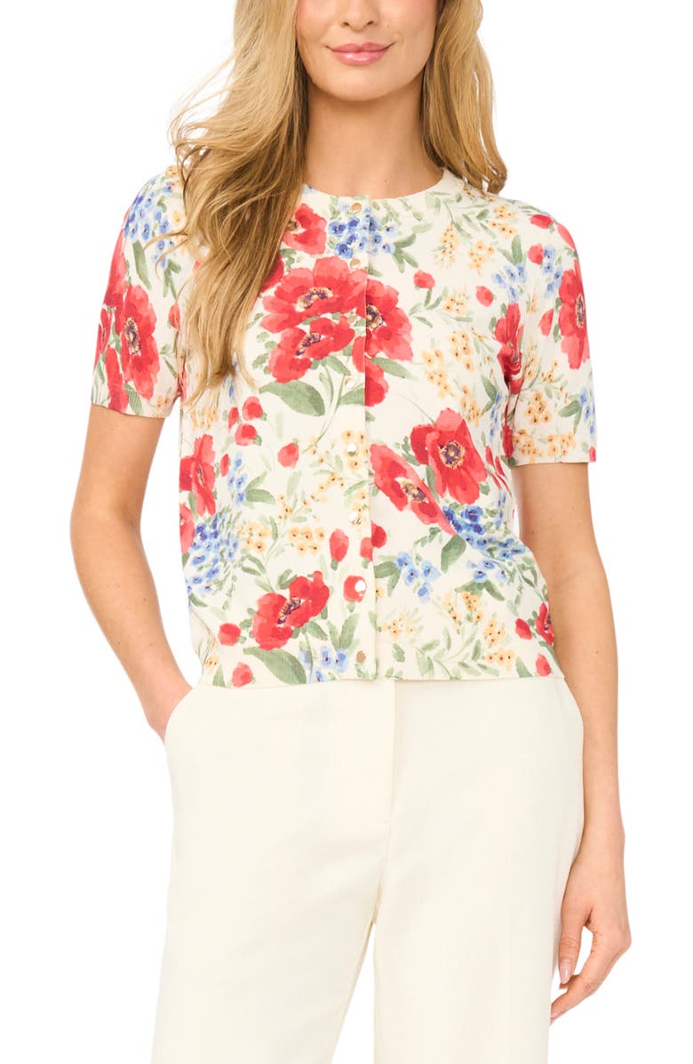 Ted Baker Reanna Floral Short Sleeve Cardigan, Main, color, New Ivory