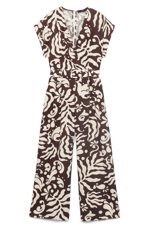 Mango Print Wide Leg Linen Blend Jumpsuit In Brown