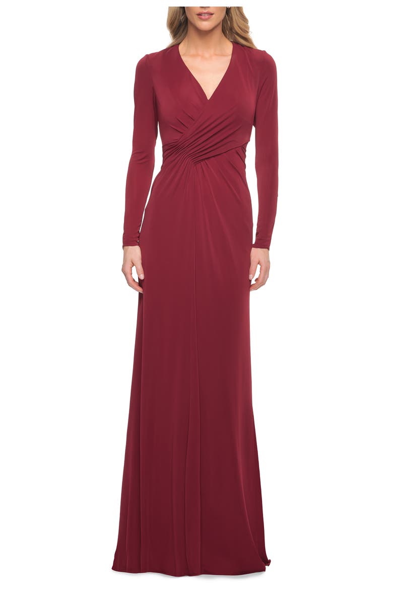 La Femme Long Sleeve Jersey Dress with Criss-Criss Front Ruching, Main, color, Wine