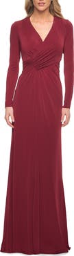 La Femme Long Sleeve Jersey Dress with Criss-Criss Front Ruching
