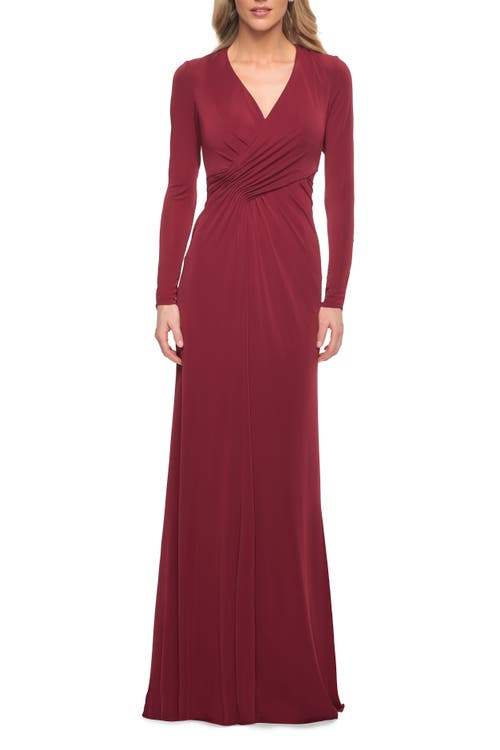 La Femme Ruched Long Sleeve Jersey Sheath Gown in Wine at Nordstrom, Size 8