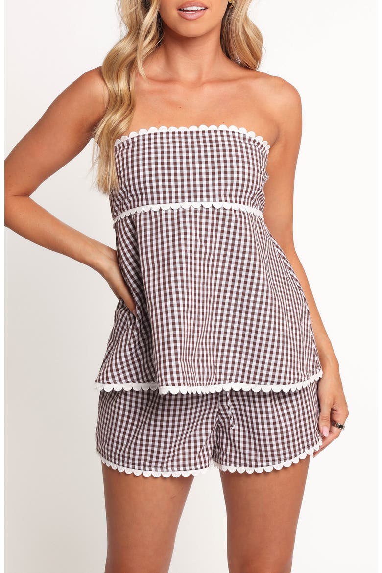 Kyle Gingham Strapless Top & Shorts Set, Main, color, CHOCOLATE GINGHAM