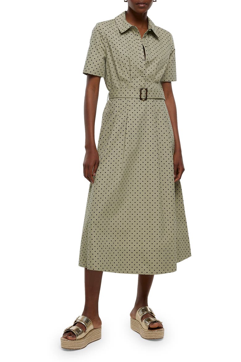 Polka Dot Belted Cotton Shirtdress, Main, color, KHAKI