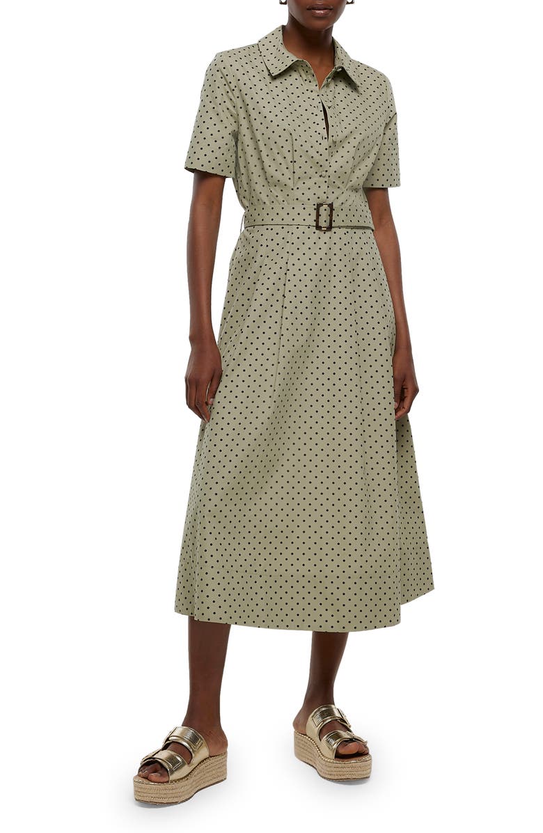River Island Polka Dot Belted Cotton Shirtdress, Main, color, 