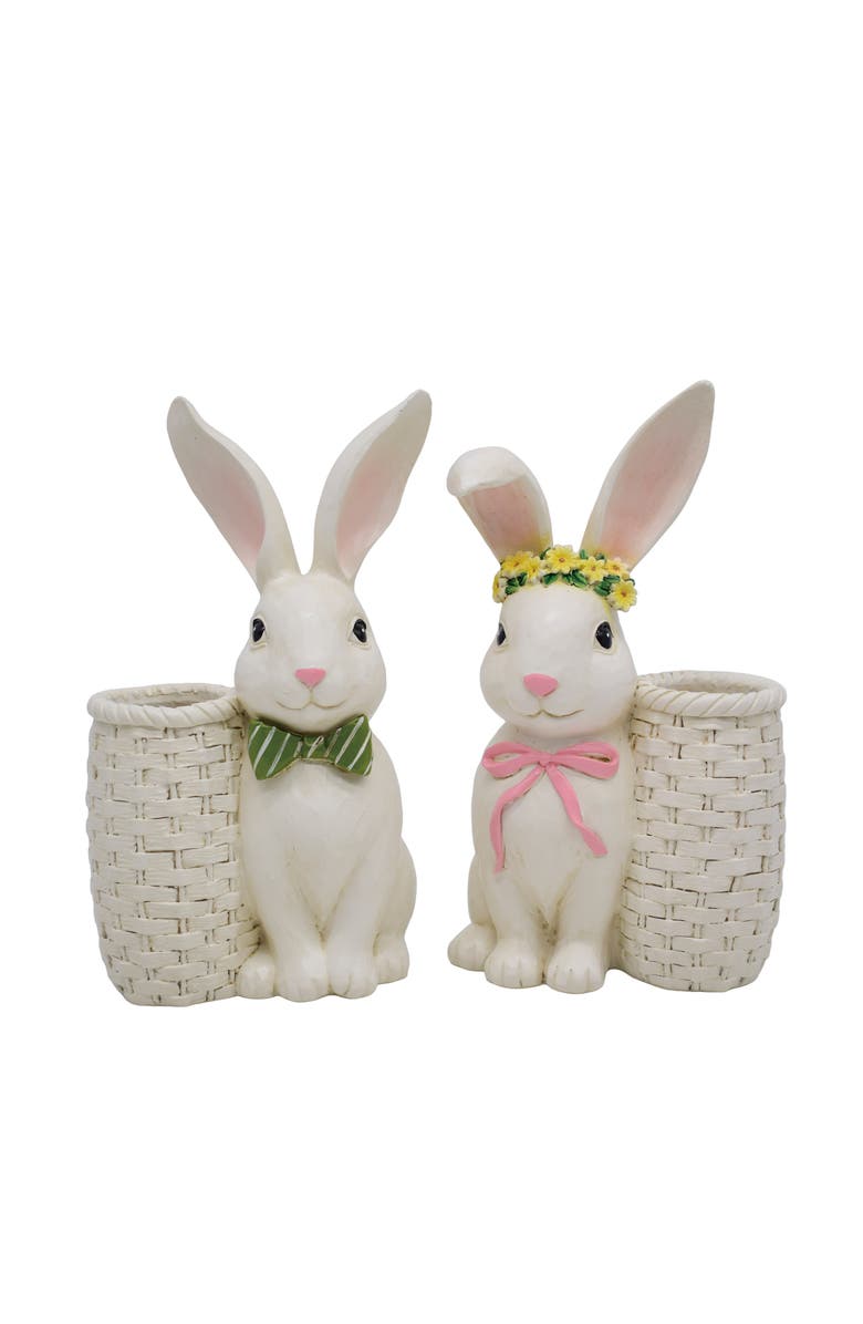 Transpac Resin Bunny with Vase Set of 2 Multicolored for Floral Display and Home Decor, Main, color, Beige