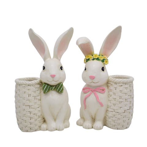 Resin Bunny with Vase Set of 2 Multicolored for Floral Display and Home Decor