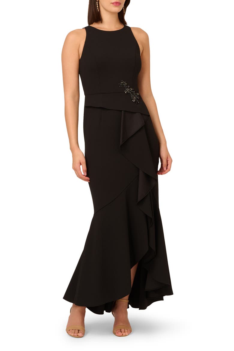 Beaded Appliqué Ruffle Crepe Gown, Main, color, BLACK