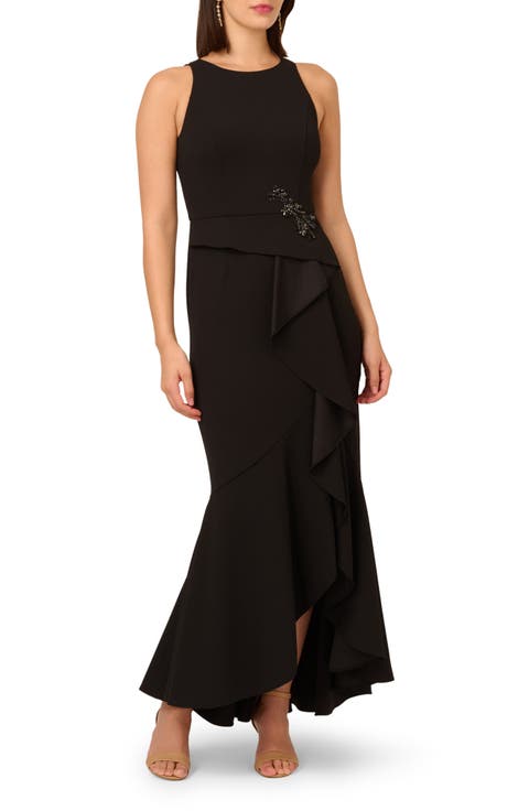 Beaded Appliqué Ruffle Crepe Gown