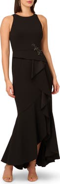 Adrianna Papell Beaded Appliqué Ruffle Crepe Gown