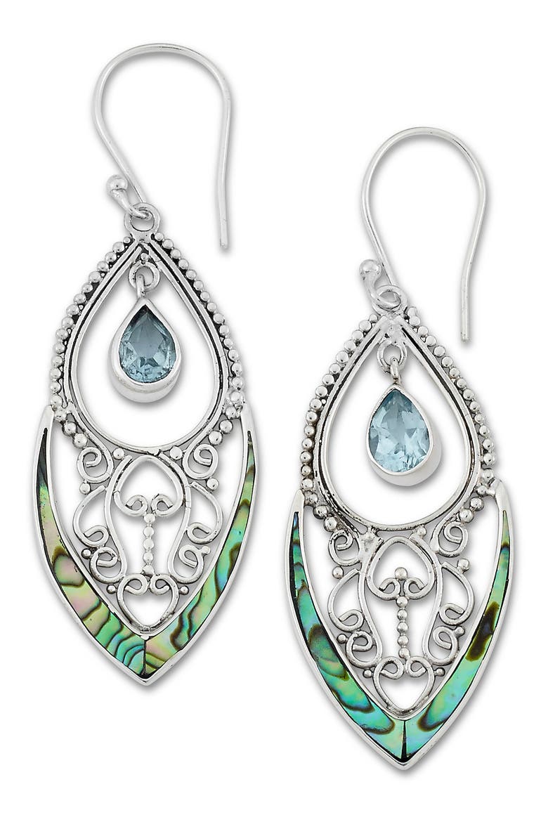 Abalone Drop Earrings, Main, color, SILVER/ BLUE TOPAZ