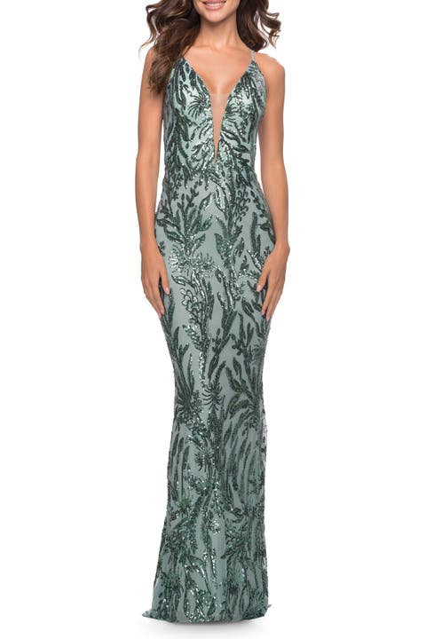 Deep V Print Sequin Gown in Jade
