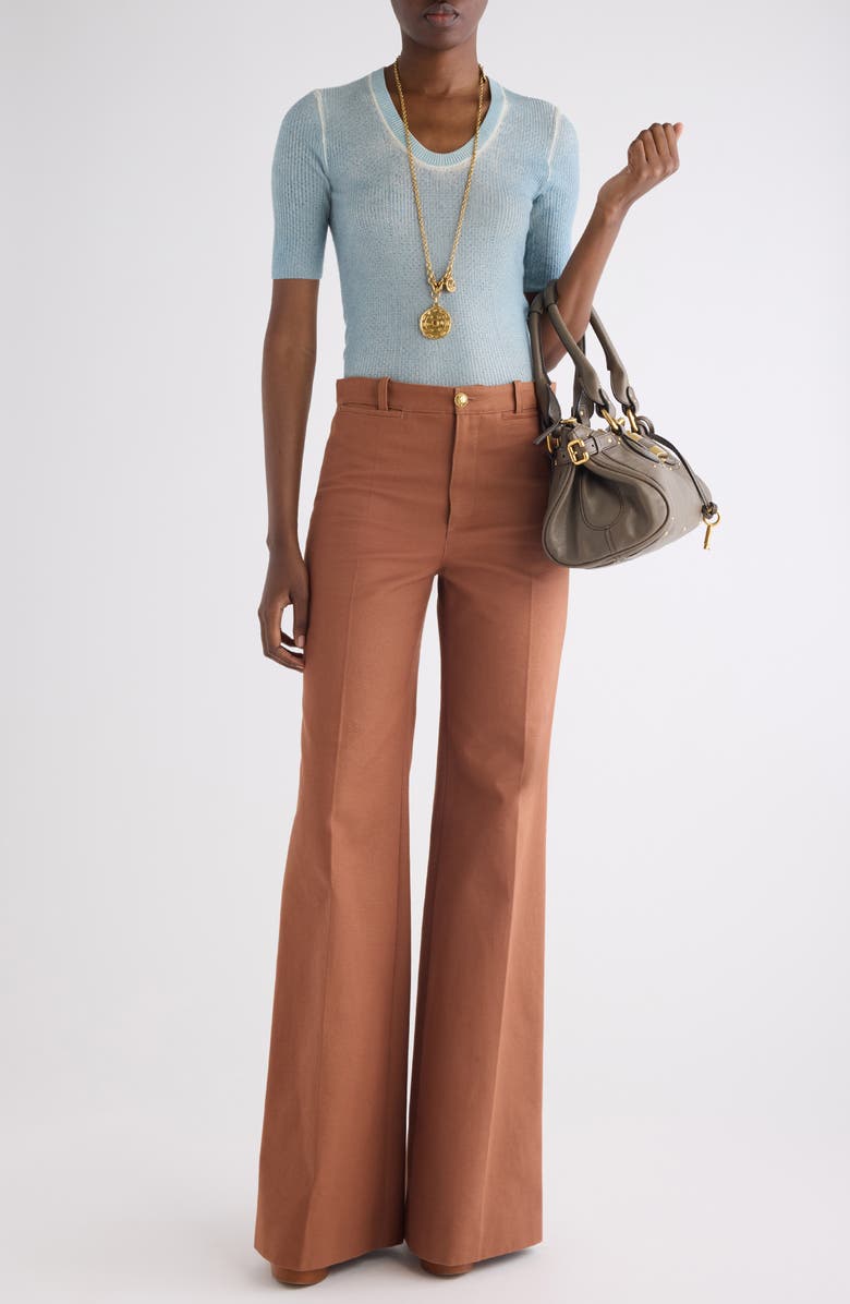 Chloé Pointelle Stitch Short Sleeve Merino Wool Blend Sweater, Alternate, color, Cloudless Blue