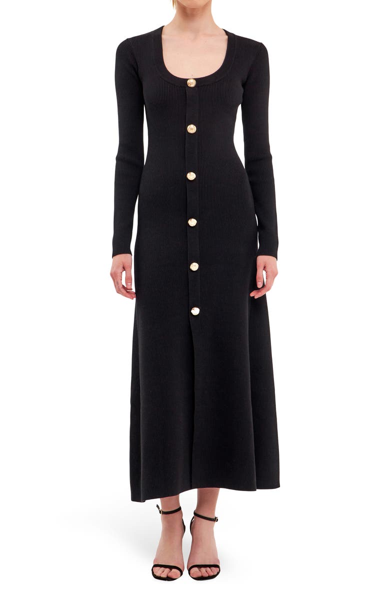 Endless Rose Premium Front Button Long Sleeve Rib Midi Dress, Main, color,