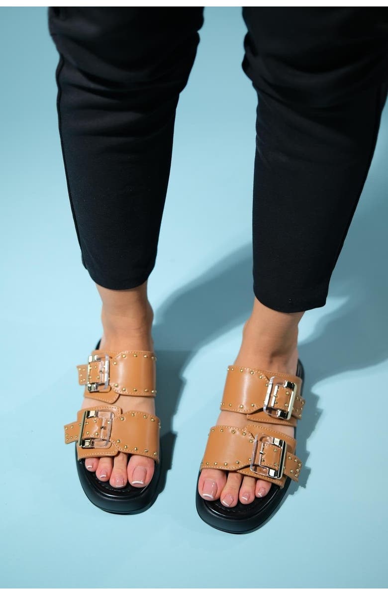 Prologue Shoes Zley Buckle Sandal, Alternate, color, Cognac Faux Leather