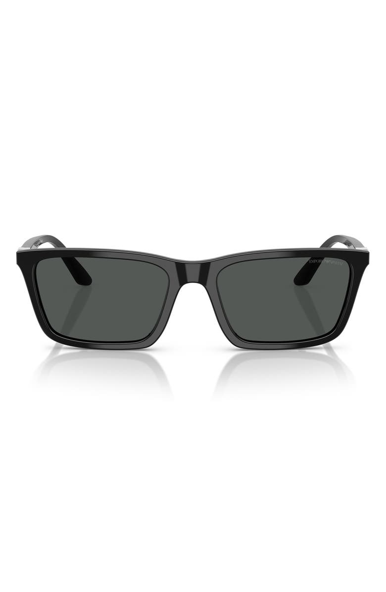 Emporio Armani 55mm Rectangle Sunglasses, Main, color, Shiny Black / Dark Grey