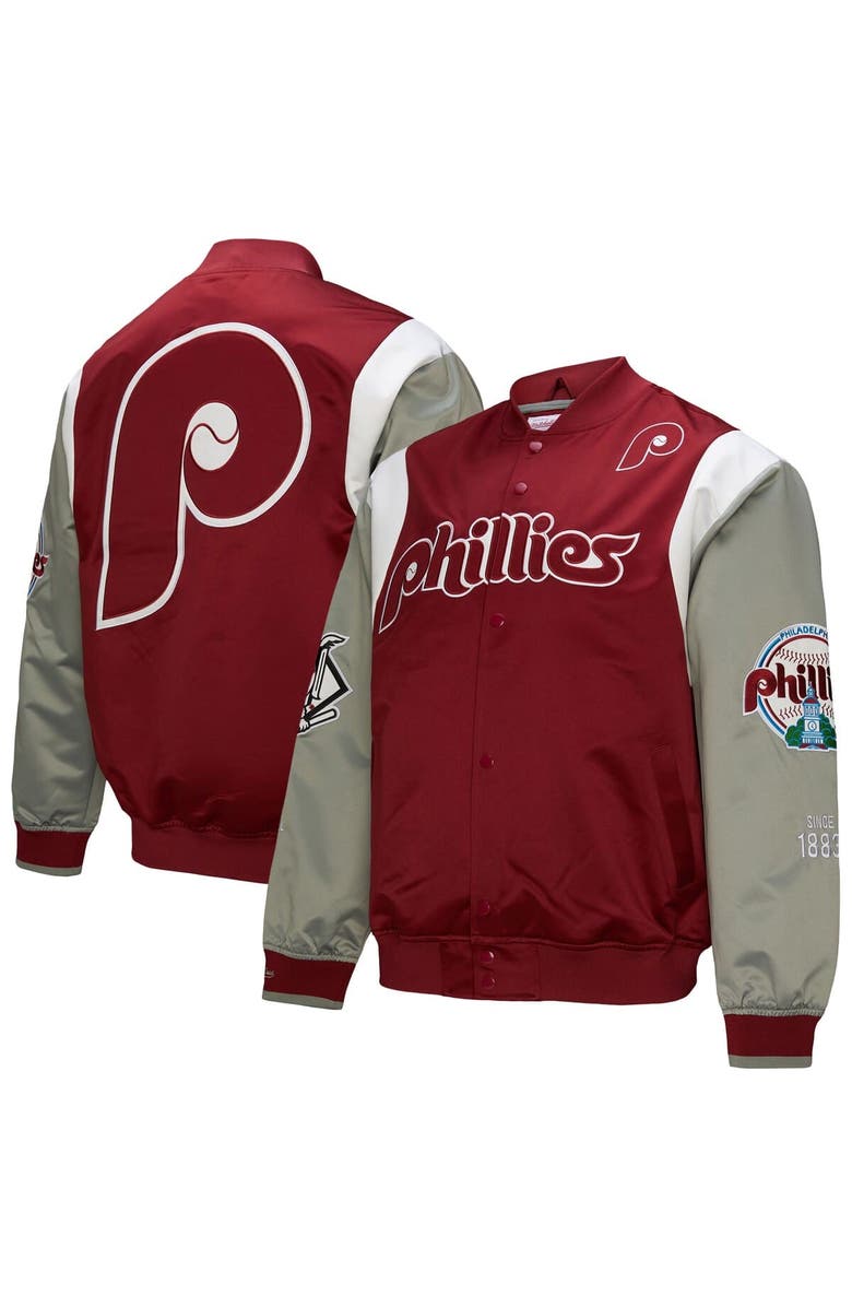 Mitchell & Ness Men's Mitchell & Ness Burgundy/Gray Philadelphia Phillies Cooperstown Collection Team Origins Satin Full-Snap Jacket, Alternate, color, Burgundy