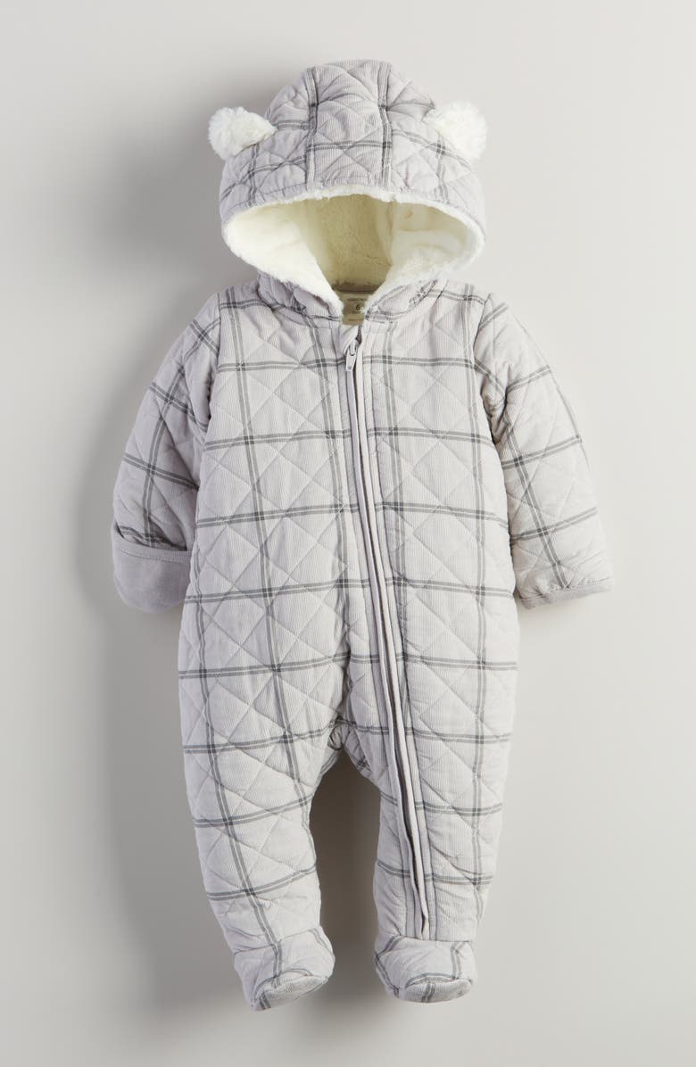 Nordstrom Ear Appliqué Quilted Faux Fur Lined Hooded Bunting, Main, color, Grey Micro Rory Plaid