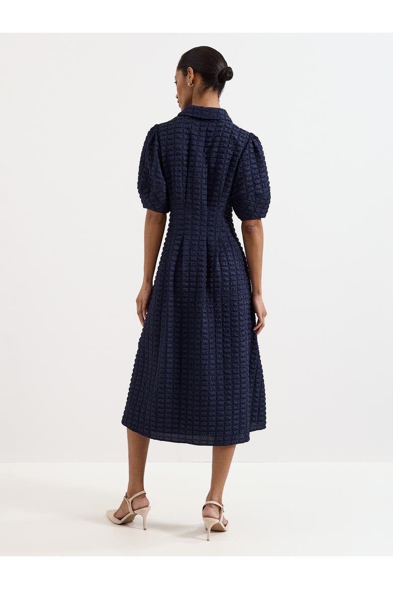 Yasmine Textured Puff Sleeve Midi Dress, Alternate, color, Navy