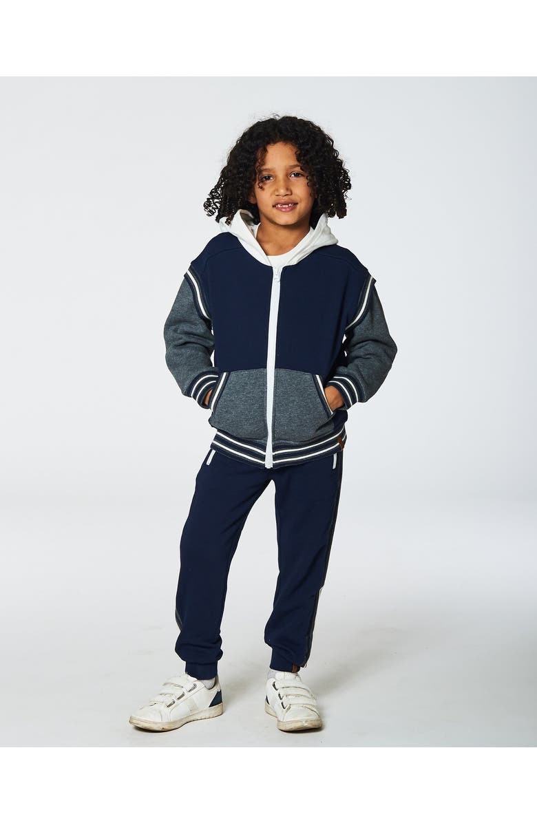 Deux par Deux Boy's Full Zip Hooded Fleece Navy And Dark Gray, Alternate, color, 