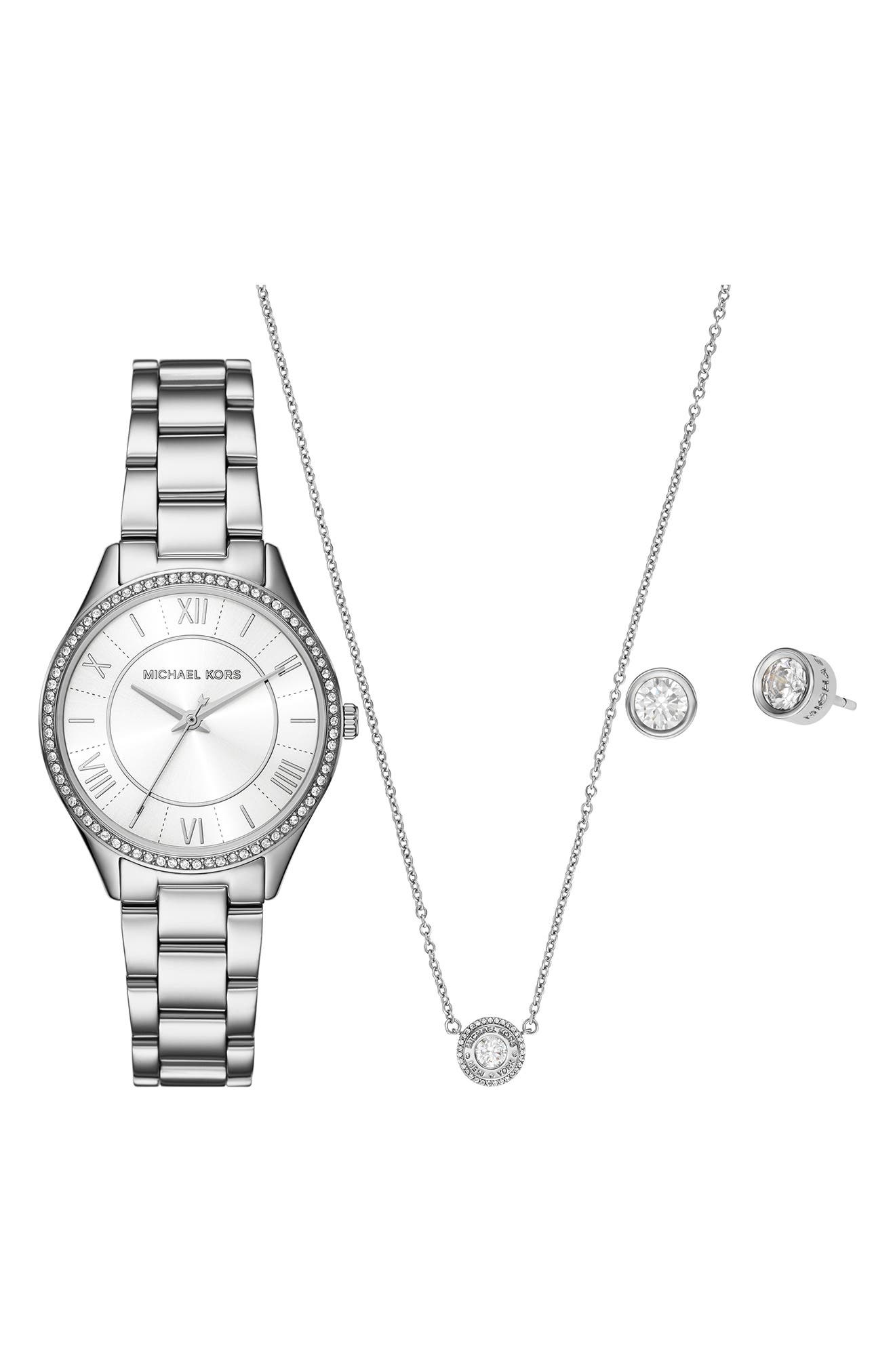 Michael Kors Lauren Crystal Embellished Bracelet Watch, Necklace & Earrings Set, 33mm