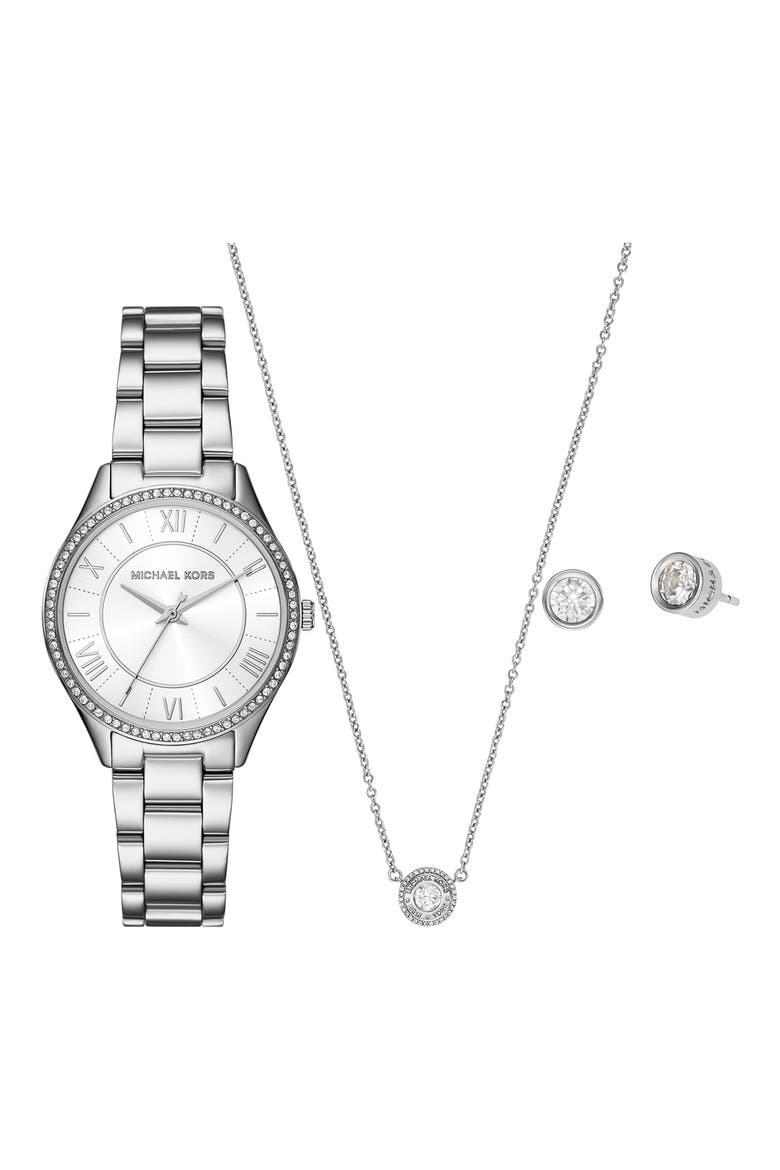 Lauren Crystal Embellished Bracelet Watch, Necklace & Earrings Set, 33mm, Main, color, SILVER