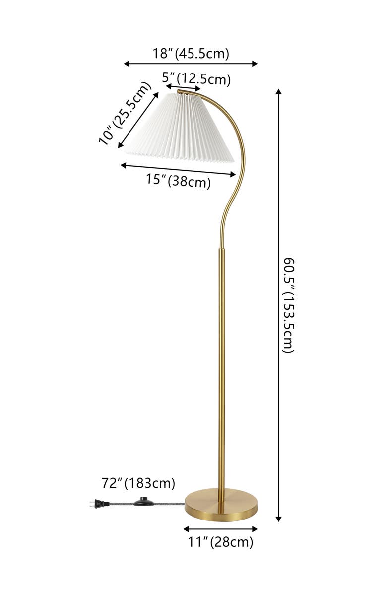 JONATHAN Y Devon Modern Glam Metal Arc LED Floor Lamp with Pleated Shade, Alternate, color, Brass Gold