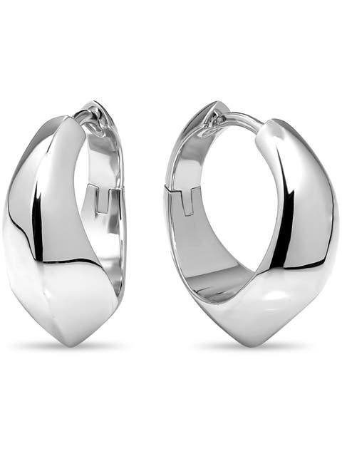 Beveled Curve Hoop Earrings in Rhodium Plated Sterling Silver