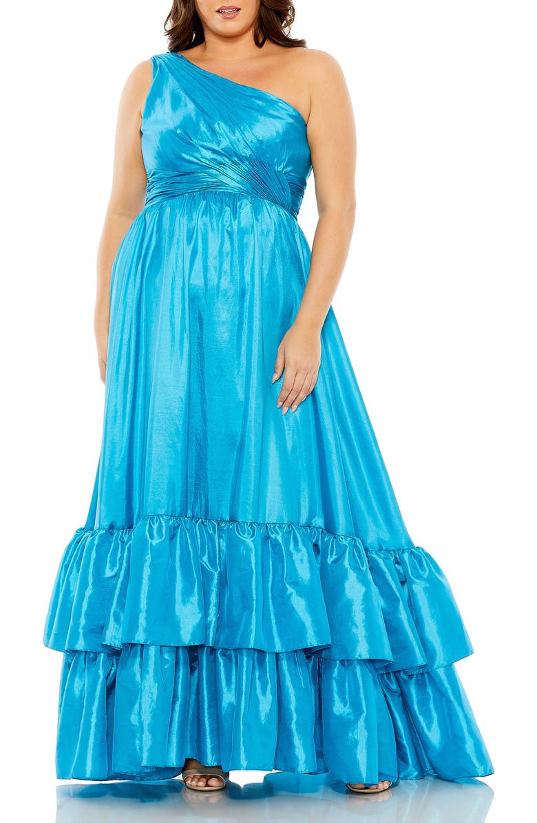 Mac Duggal Asymmetrical One Shoulder Ruffle Hem Gown, Main, color, Turquoise