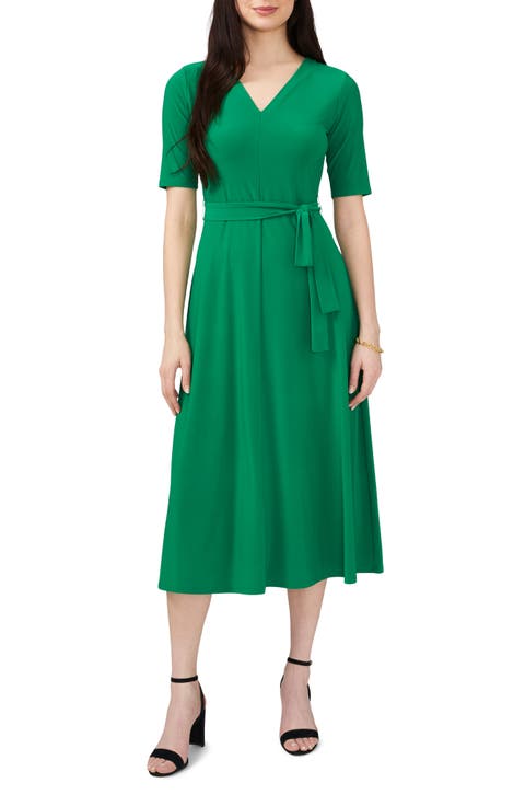 V-Neck Belted Midi Dress