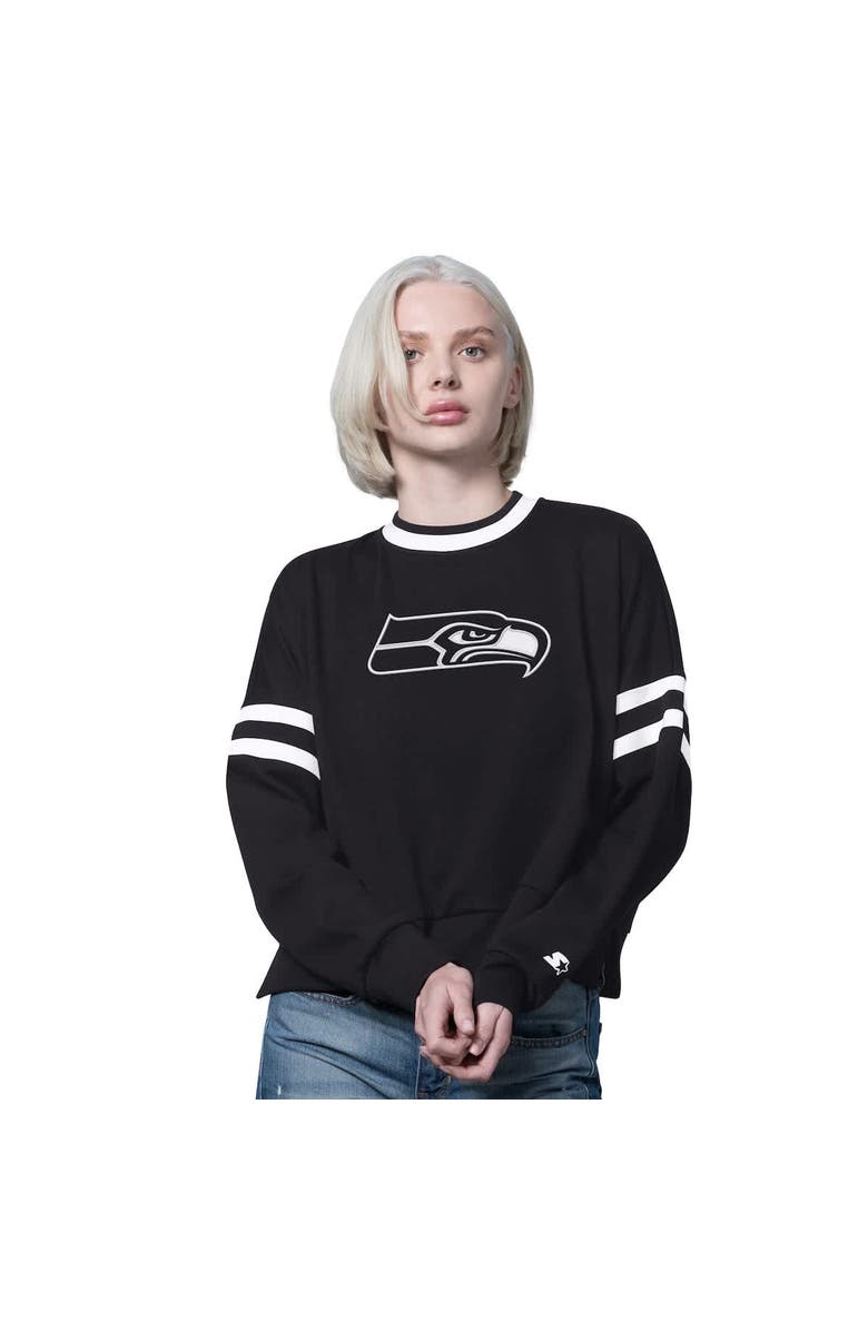 STARTER Women
s Starter  Black Seattle Seahawks Rally Drop Shoulder Cropped Sweatshirt, Alternate, color, Black