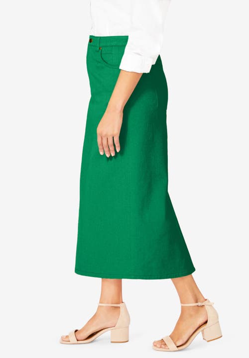 Jessica London Classic Cotton Denim Midi Skirt In Green