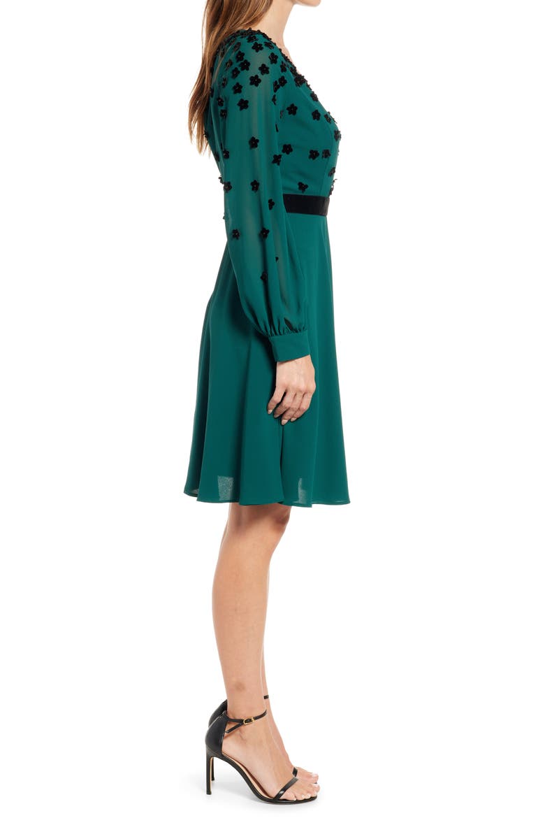 Georgette Floral Appliquè Long Sleeve Dress, Alternate, color, GREEN