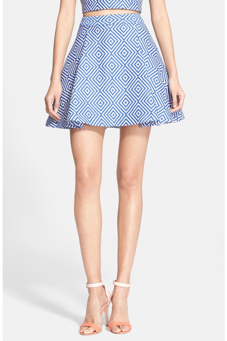 Piece & Co. and Alice + Olivia 'Vernon' Jacquard Flared Skirt, Main, color, BLUE/ WHITE