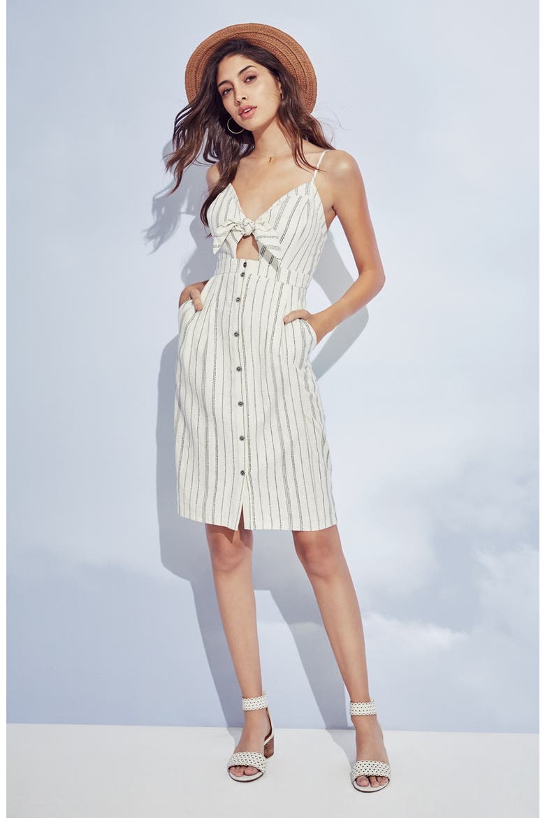 ASTR Tie Front Button Down Midi Dress, Alternate, color, WHITE-BLK