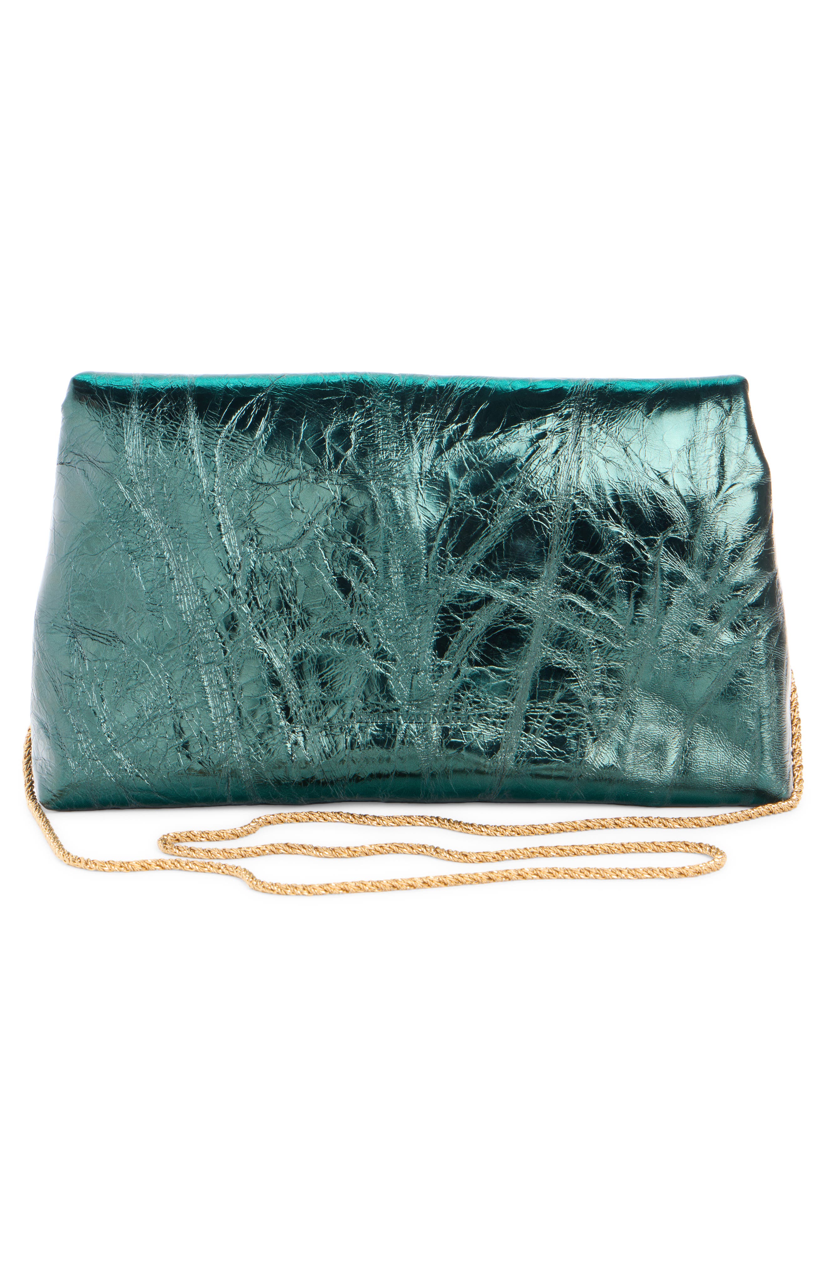 Metallic Lambskin Leather Envelope Clutch, Alternate, color, FOREST 610