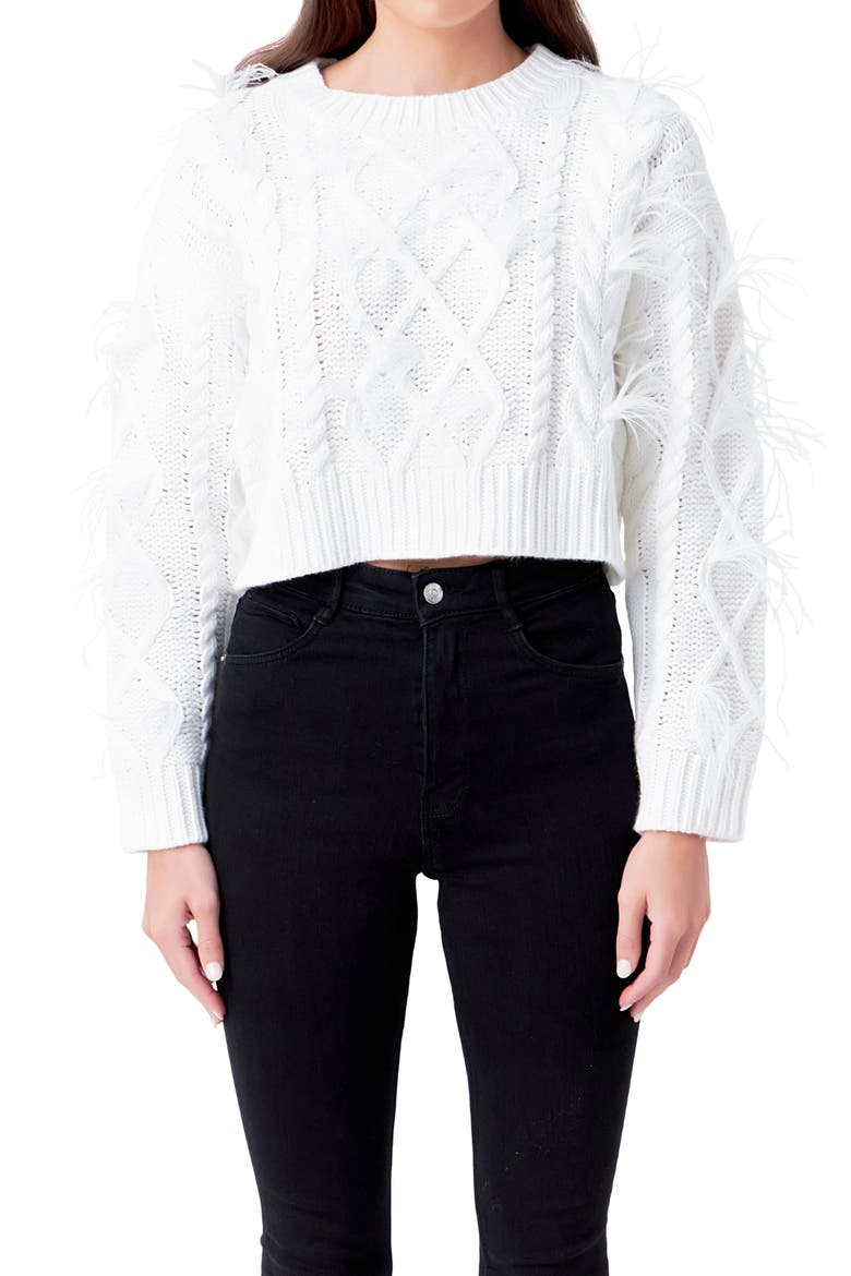 Feather Trim Crop Sweater, Alternate, color, CREAM