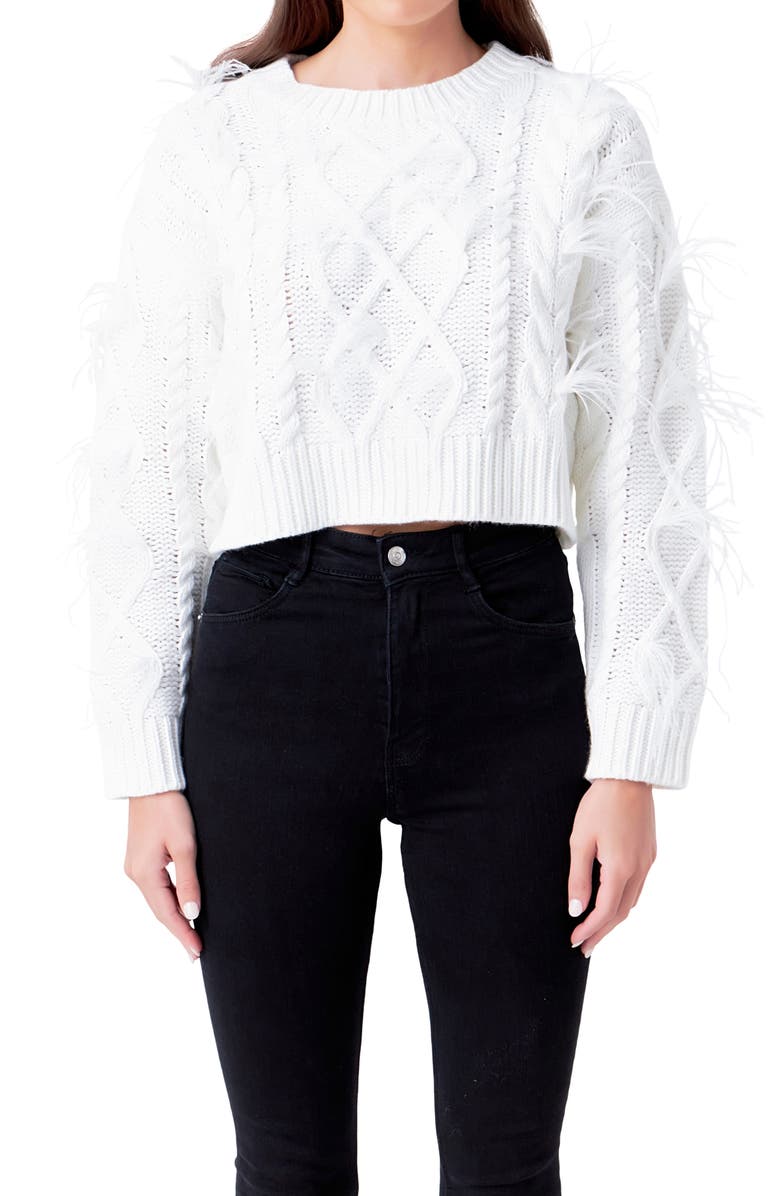 Endless Rose Feather Trim Crop Sweater, Alternate, color, Cream