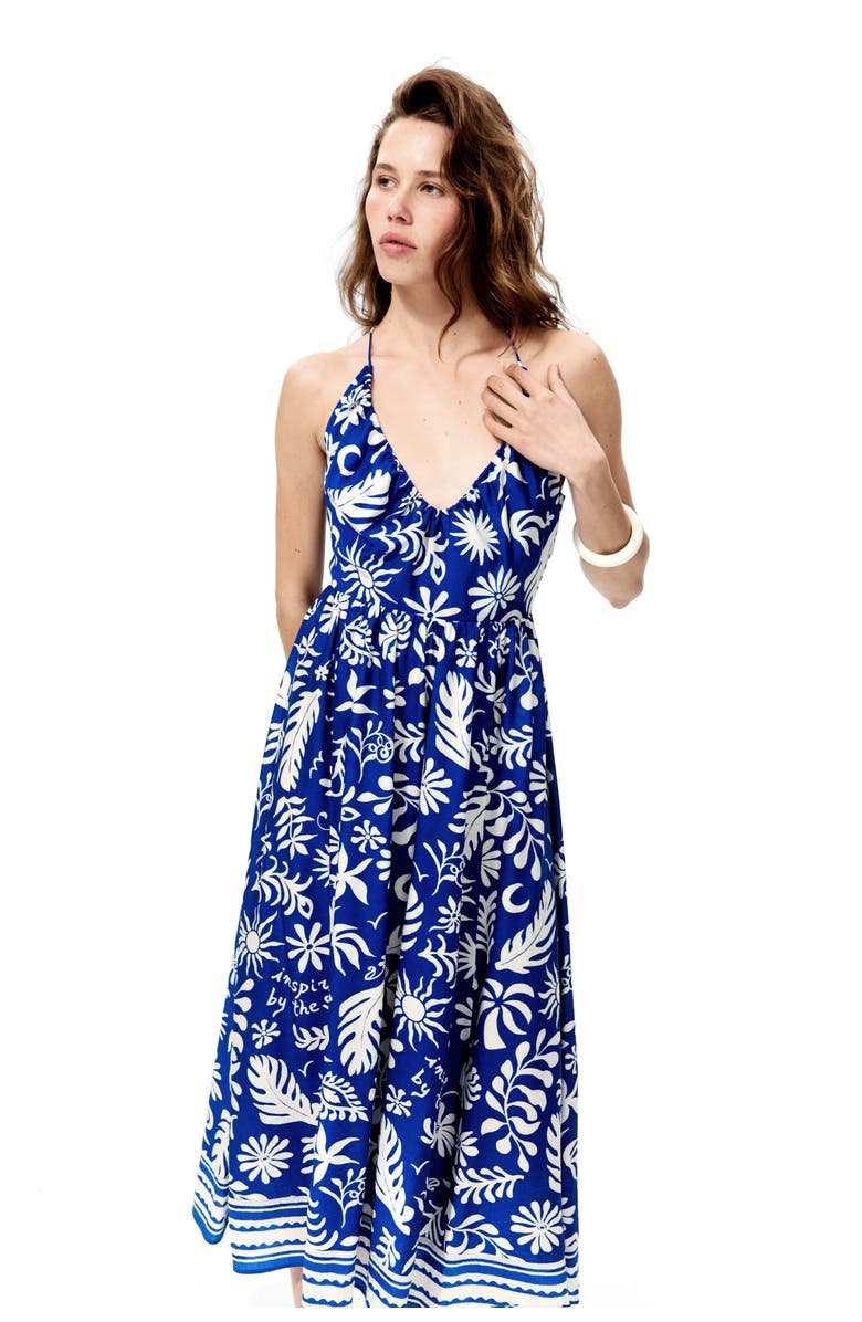 H&M Open-back Flared-skirt Dress, Alternate, color, Bright Blue/White