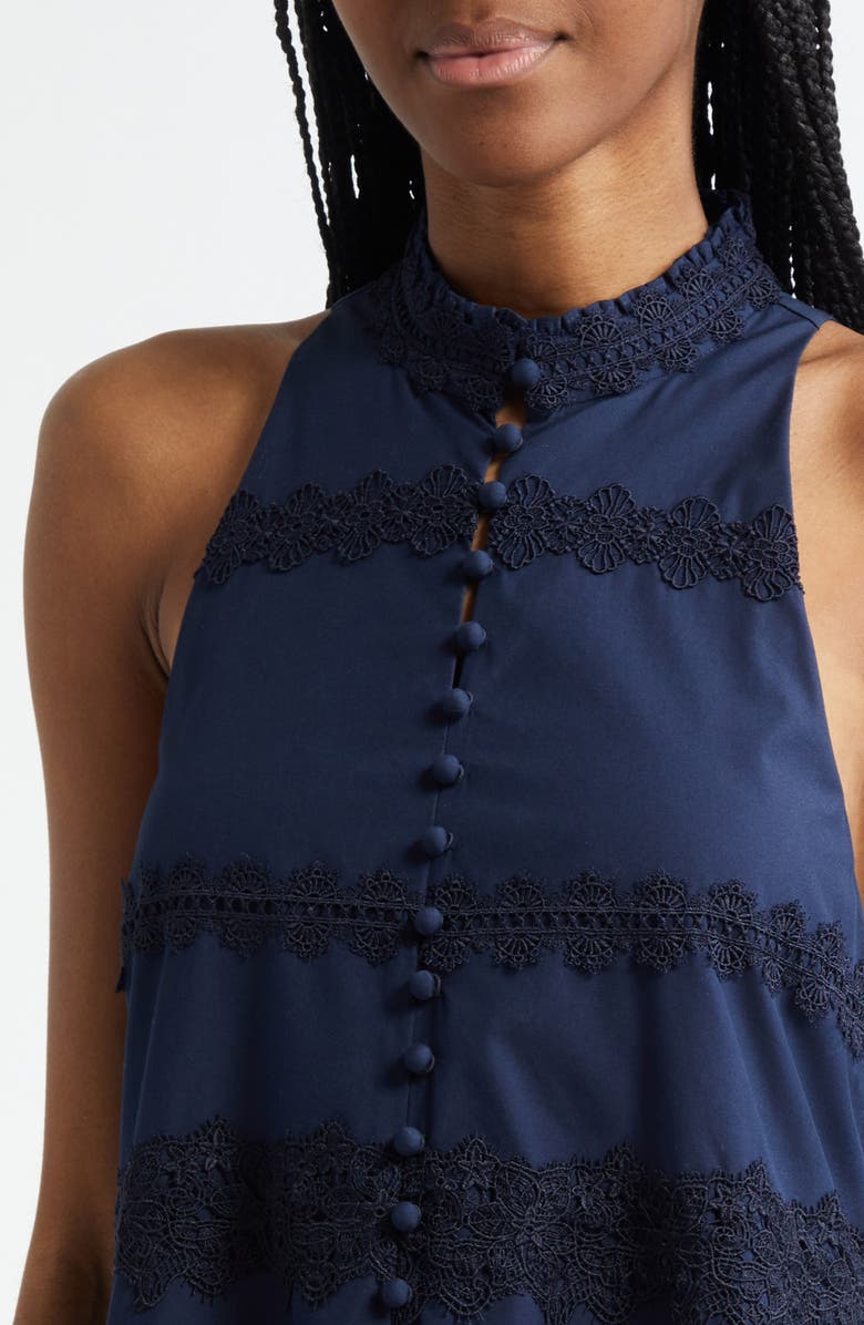 Cinq à Sept Malena Lace Detail Stretch Cotton Trapeze Minidress, Alternate, color, Navy