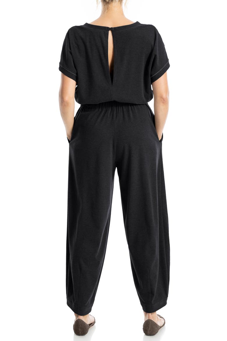 Short Sleeve Tie Waist Jumpsuit, Alternate, color, BLACK