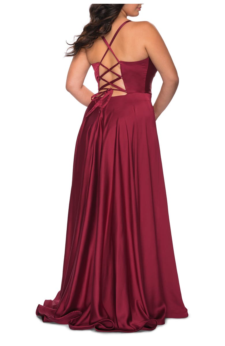 La Femme Satin A-line Plus Dress with Lace Up Back and Pockets, Alternate, color, Wine