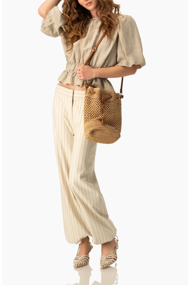 Puff Sleeve Peplum, Cinched Waist Crinkle Blouse, Alternate, color, Sand